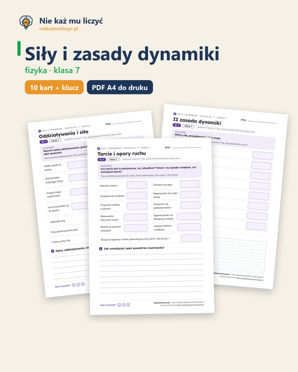Siły i zasady dynamiki, fizyka klasa 7 — 10 kart PDF z kluczem — okładka