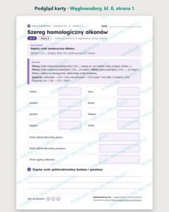 Węglowodory, chemia klasa 8 — 10 kart pracy PDF z kluczem — podgląd karty, strona 1