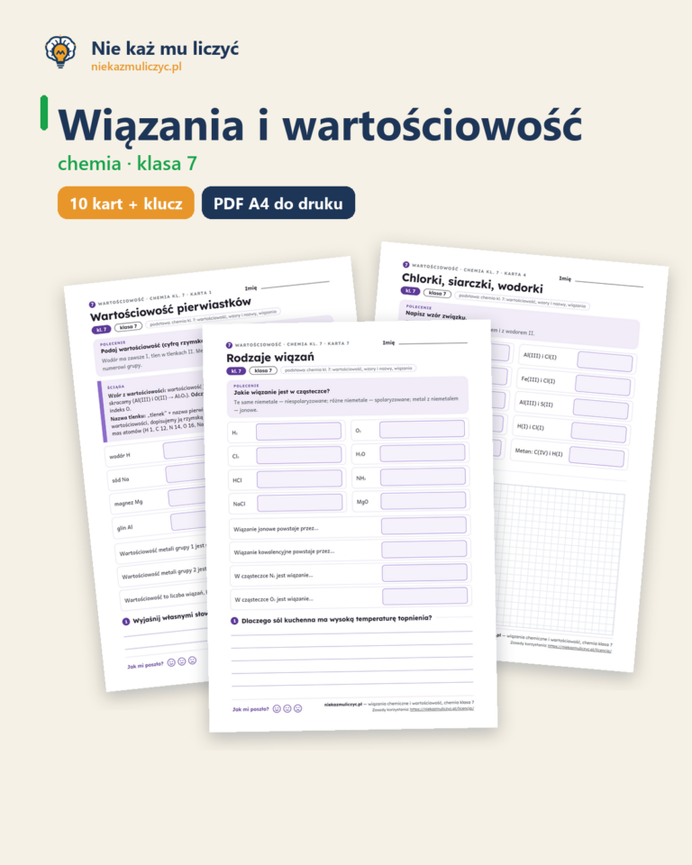 Wiązania i wartościowość, chemia klasa 7 — 10 kart PDF z kluczem — okładka
