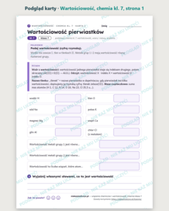 Wiązania i wartościowość, chemia klasa 7 — 10 kart PDF z kluczem — podgląd karty, strona 1
