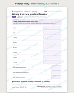 Wodorotlenki i zasady, chemia klasa 8 — 10 kart PDF z kluczem — podgląd karty, strona 1