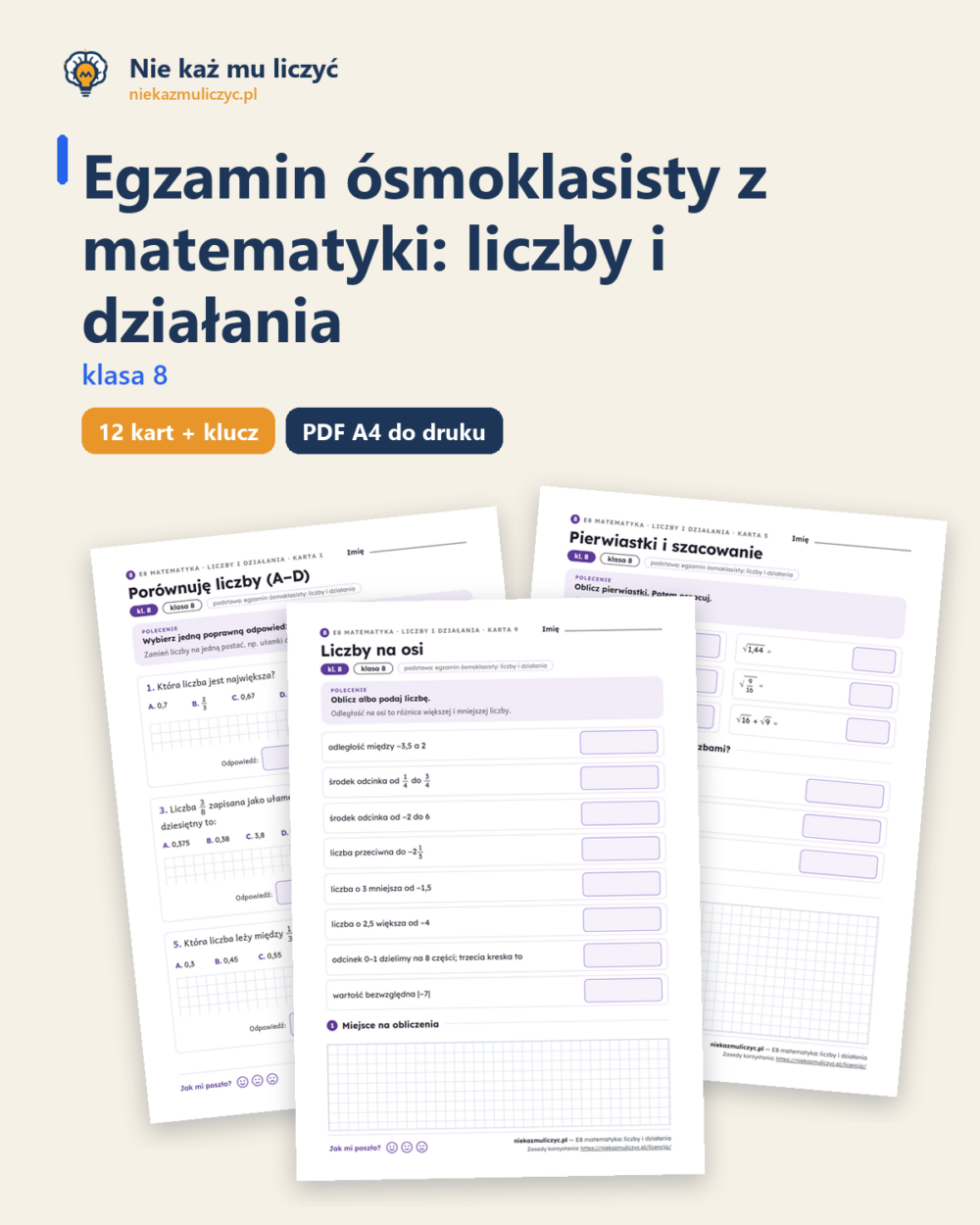 E8 z matematyki: liczby i działania, kl. 8 — 12 kart PDF z kluczem — okładka