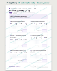E8 z matematyki: liczby i działania, kl. 8 — 12 kart PDF z kluczem — podgląd karty, strona 1