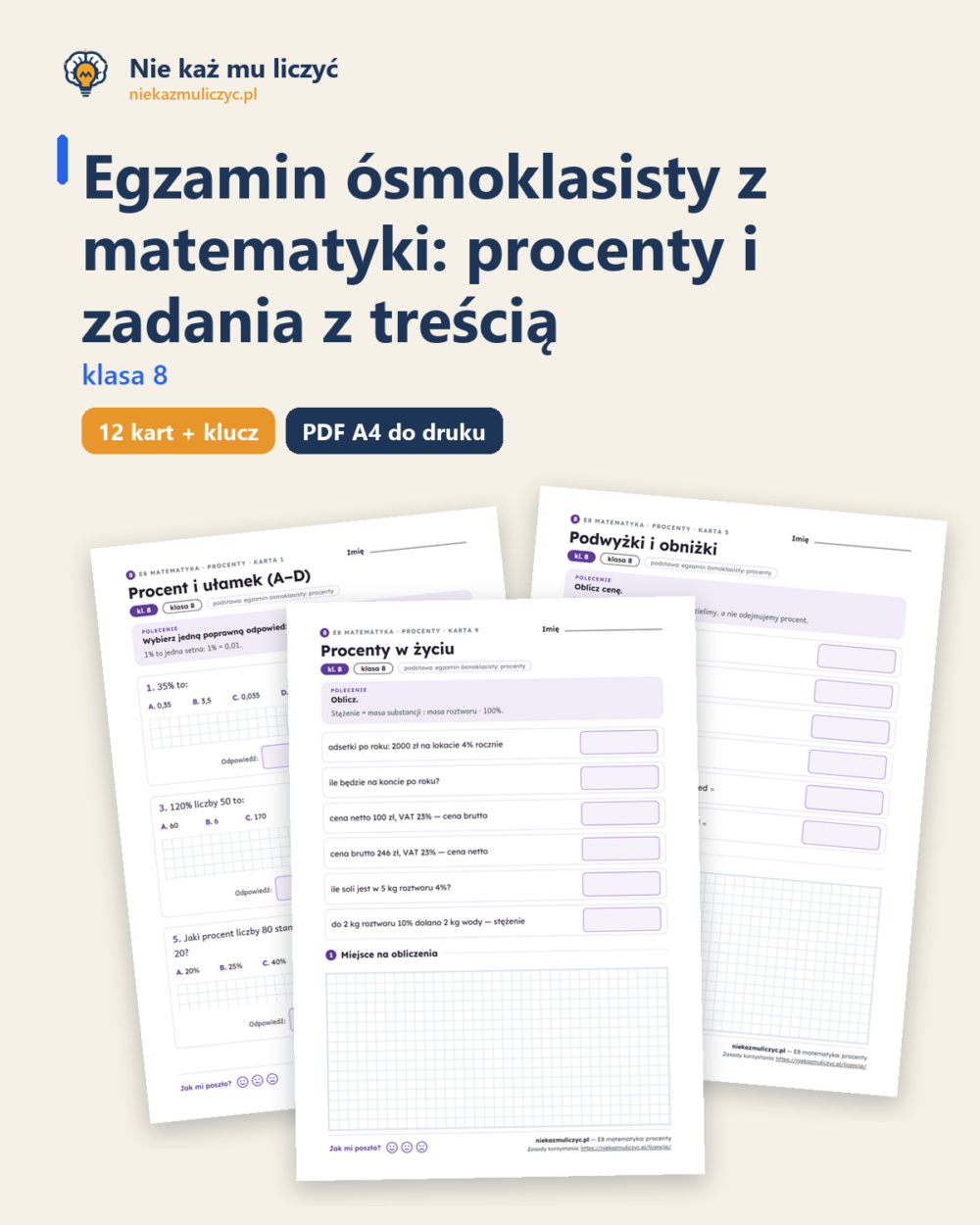 E8 z matematyki: procenty i zadania z treścią — 12 kart PDF z kluczem — okładka