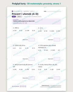 E8 z matematyki: procenty i zadania z treścią — 12 kart PDF z kluczem — podgląd karty, strona 1
