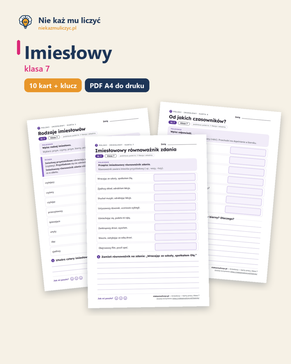 Imiesłowy, język polski klasa 7 — 10 kart pracy PDF z kluczem — okładka