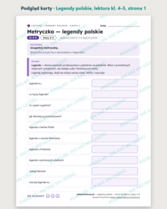 Legendy polskie, lektura kl. 4–5 — 10 kart pracy PDF z kluczem — podgląd karty, strona 1