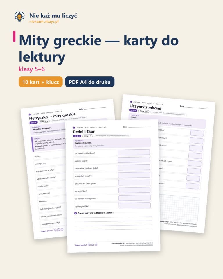Mity greckie, lektura kl. 5–6 — 10 kart pracy PDF z kluczem — okładka
