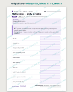 Mity greckie, lektura kl. 5–6 — 10 kart pracy PDF z kluczem — podgląd karty, strona 1