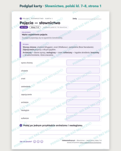 Słownictwo, język polski kl. 7–8 — 10 kart pracy PDF z kluczem — podgląd karty, strona 1