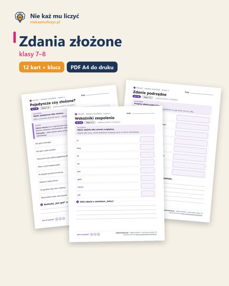 Zdania złożone, polski kl. 7–8 — 12 kart pracy PDF z kluczem — okładka