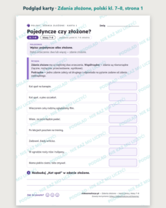 Zdania złożone, polski kl. 7–8 — 12 kart pracy PDF z kluczem — podgląd karty, strona 1