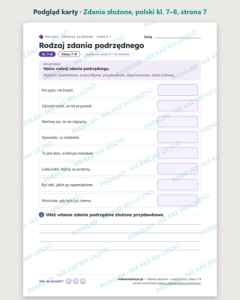 Zdania złożone, polski kl. 7–8 — 12 kart pracy PDF z kluczem — podgląd karty, strona 7