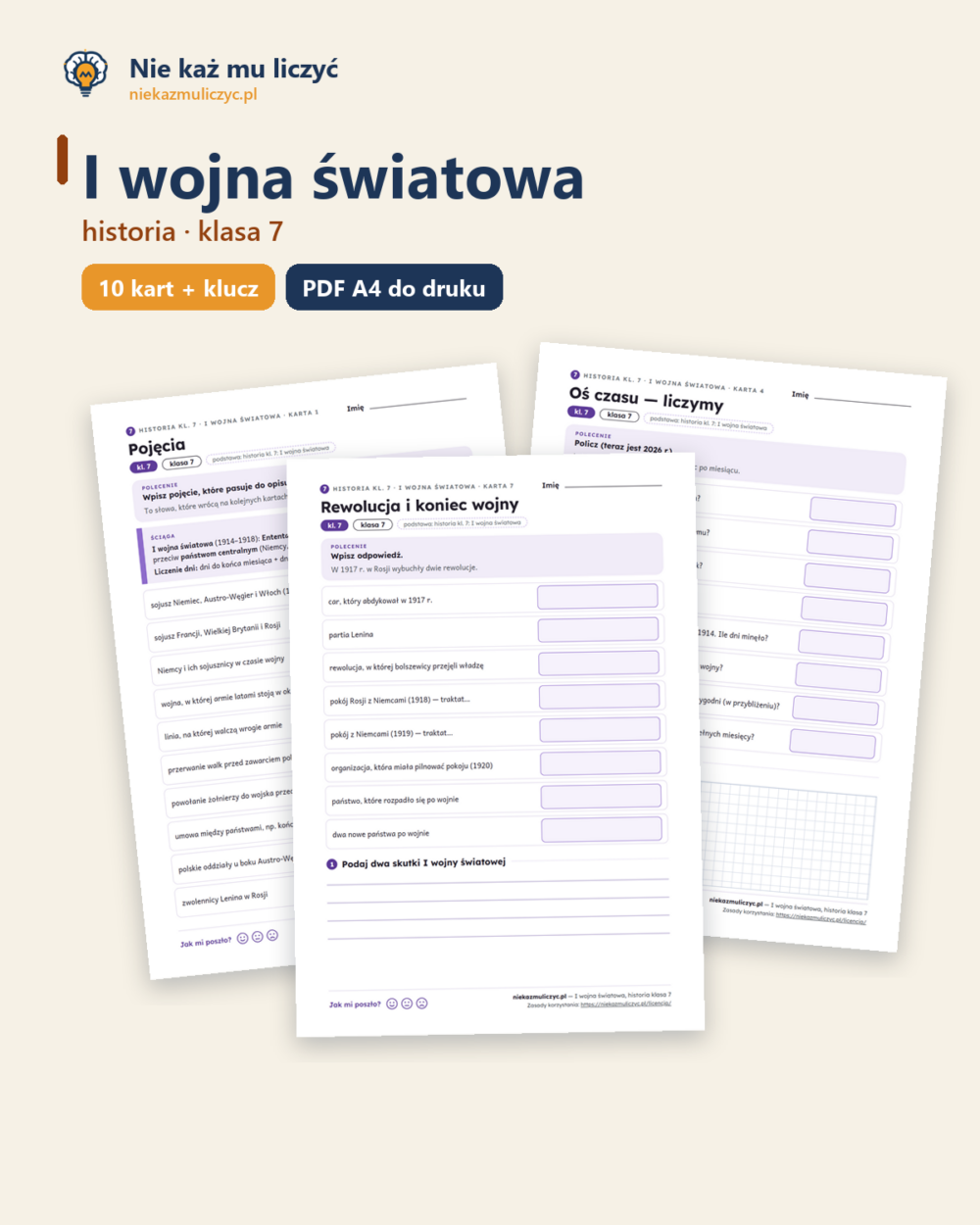 I wojna światowa, historia klasa 7 — 10 kart pracy PDF z kluczem — okładka