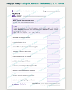 Wielkie odkrycia, renesans i reformacja, kl. 6 — 10 kart PDF z kluczem — podgląd karty, strona 1