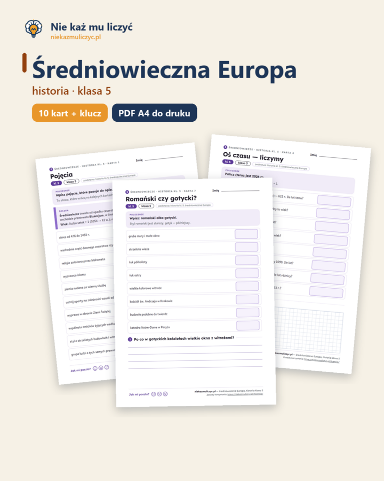 Średniowieczna Europa, historia klasa 5 — 10 kart pracy PDF z kluczem — okładka