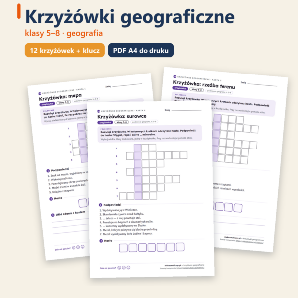 Krzyżówki geograficzne klasy 5–8 — 12 krzyżówek PDF — okładka