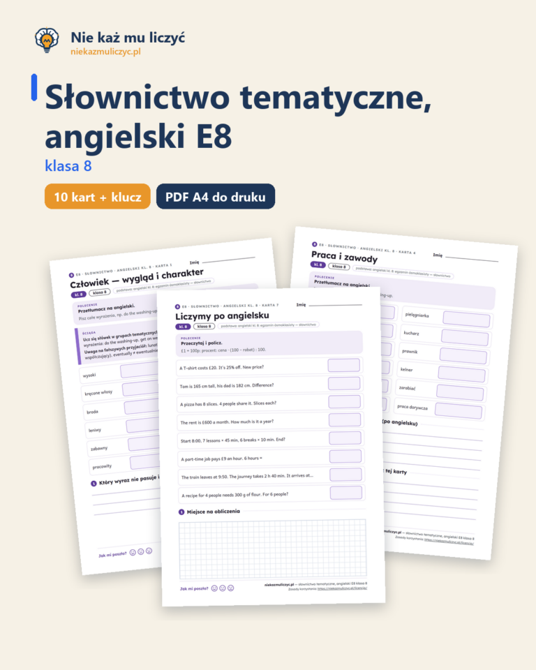 Słownictwo tematyczne, angielski E8 klasa 8 — 10 kart PDF — okładka