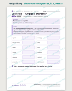 Słownictwo tematyczne, angielski E8 klasa 8 — 10 kart PDF — podgląd karty, strona 1