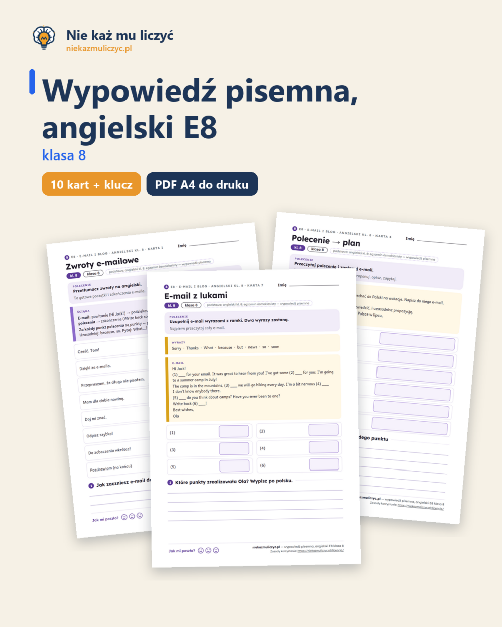Wypowiedź pisemna (e-mail), angielski E8 klasa 8 — 10 kart PDF — okładka