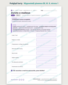 Wypowiedź pisemna (e-mail), angielski E8 klasa 8 — 10 kart PDF — podgląd karty, strona 1