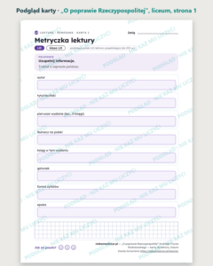 „O poprawie Rzeczypospolitej” — karty do lektury, liceum, 10 kart PDF — podgląd karty, strona 1