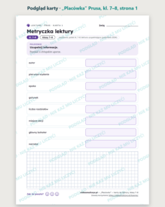 „Placówka” Prusa — karty do lektury, klasy 7–8, 10 kart PDF — podgląd karty, strona 1