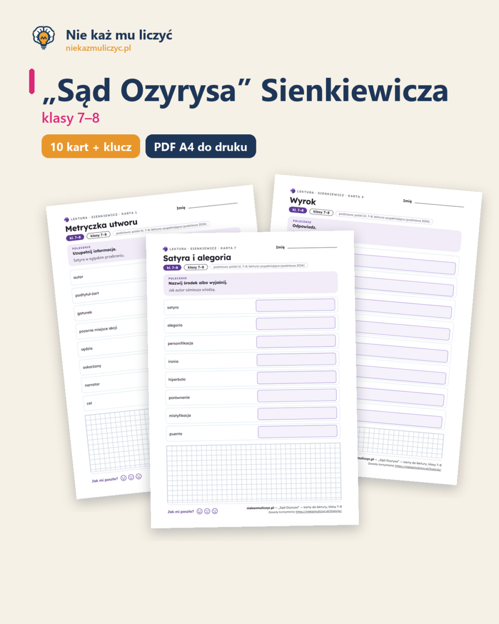 „Sąd Ozyrysa” Sienkiewicza — karty do lektury, klasy 7–8, 10 kart PDF — okładka