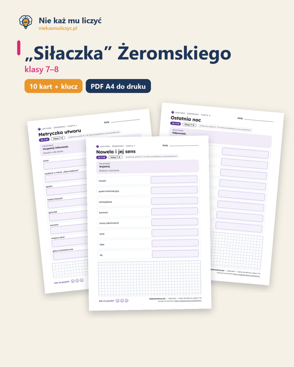 „Siłaczka” Żeromskiego — karty do lektury, klasy 7–8, 10 kart PDF — okładka