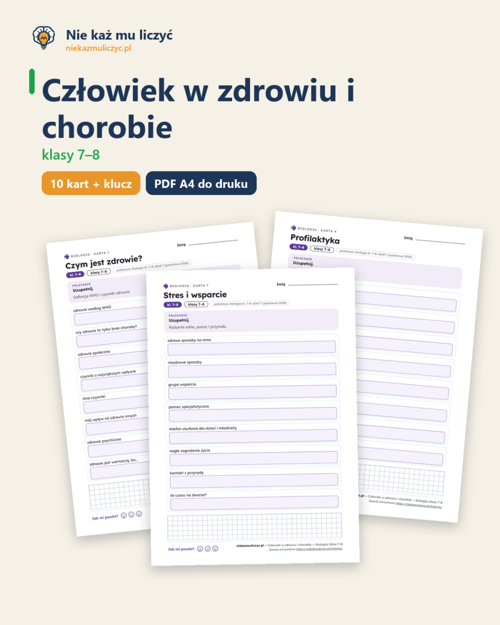 Człowiek w zdrowiu i chorobie — biologia, klasy 7–8, 10 kart PDF — okładka