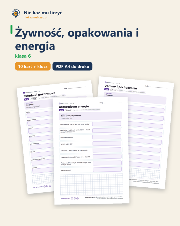 Żywność, opakowania i energia — przyroda, klasa 6, 10 kart PDF — okładka
