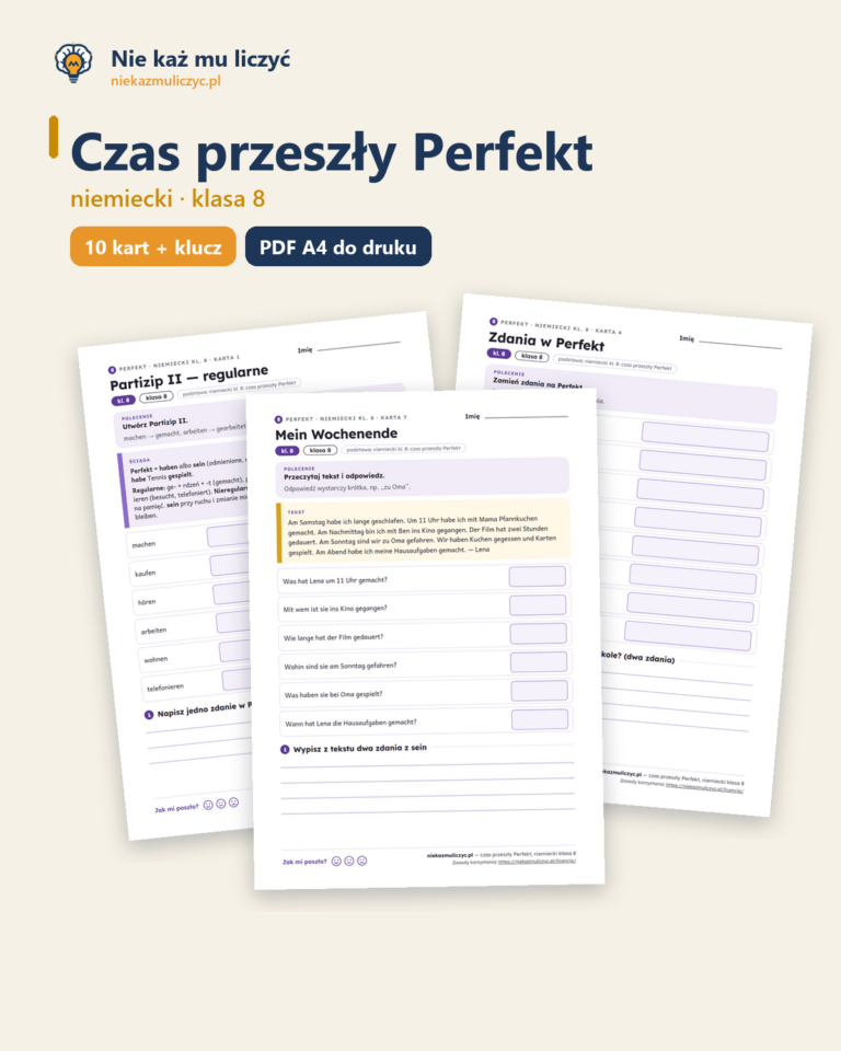 Czas przeszły Perfekt, niemiecki klasa 8 — 10 kart pracy PDF z kluczem — okładka