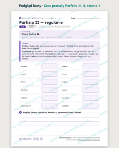 Czas przeszły Perfekt, niemiecki klasa 8 — 10 kart pracy PDF z kluczem — podgląd karty, strona 1