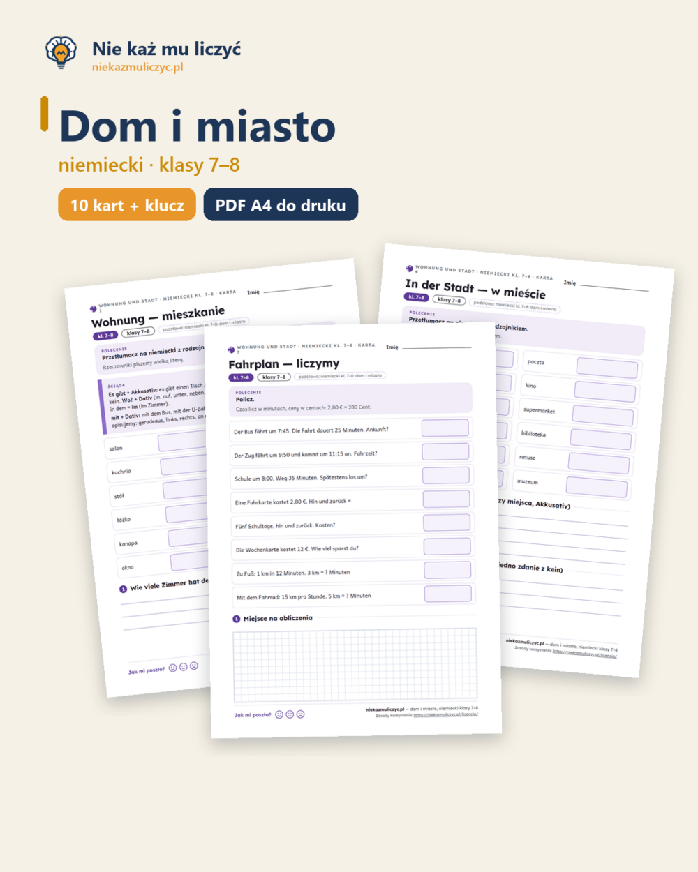 Dom i miasto, niemiecki klasy 7–8 — 10 kart pracy PDF z kluczem — okładka