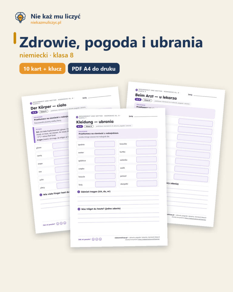 Zdrowie, pogoda i ubrania, niemiecki klasa 8 — 10 kart PDF z kluczem — okładka