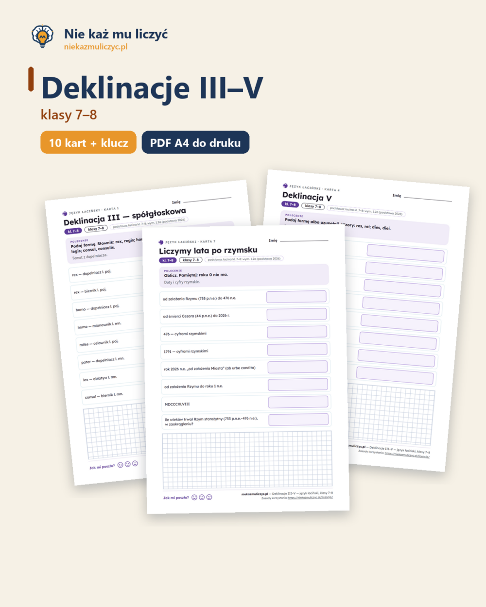 Deklinacje III–V — łacina, klasy 7–8, 10 kart PDF — okładka