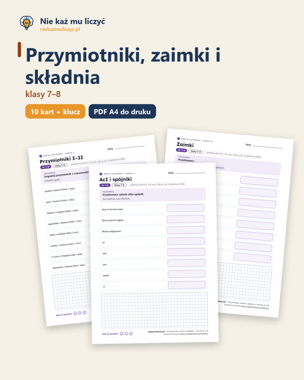 Przymiotniki, zaimki i składnia — łacina, klasy 7–8, 10 kart PDF — okładka