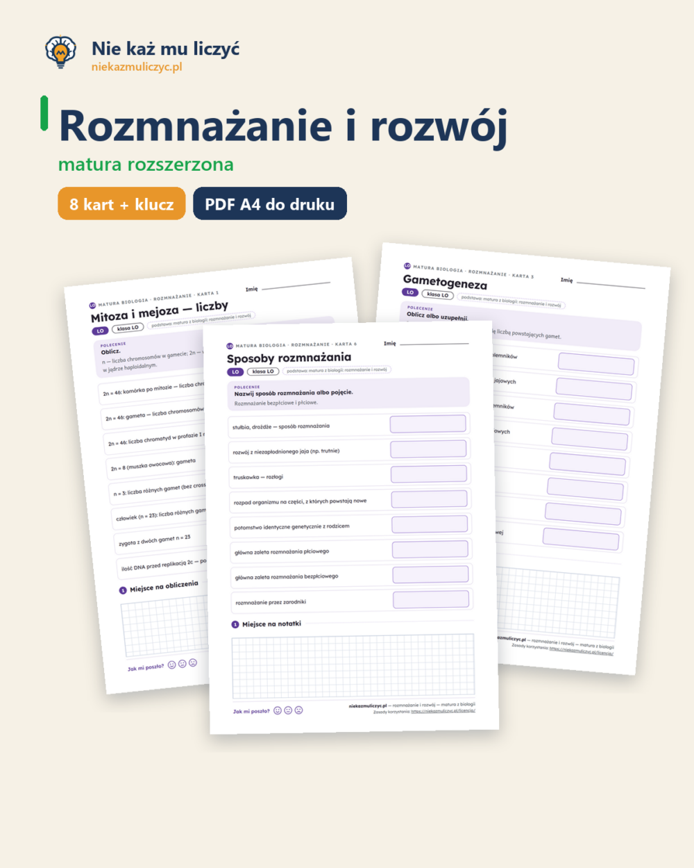Rozmnażanie i rozwój — matura z biologii — 8 kart PDF z kluczem — okładka