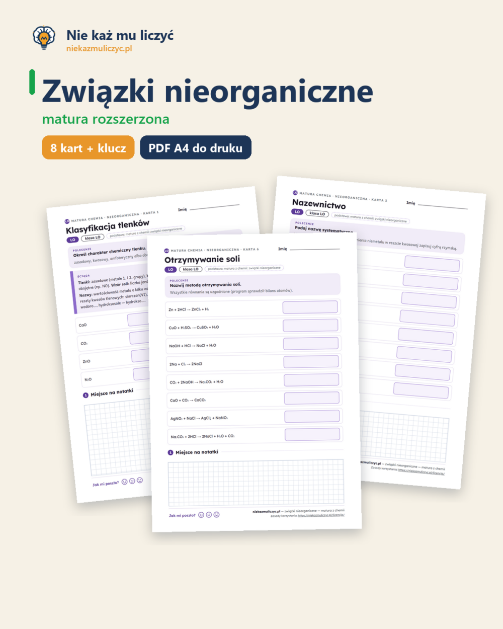Związki nieorganiczne — matura z chemii — 8 kart PDF z kluczem — okładka