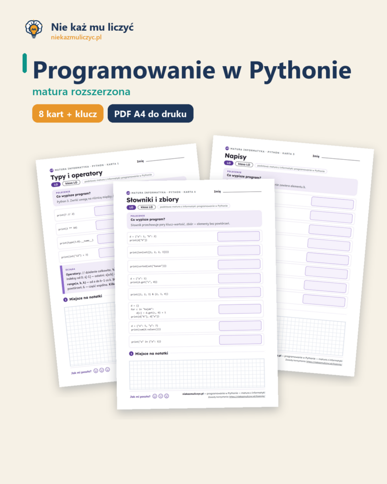 Programowanie w Pythonie — matura z informatyki — 8 kart PDF z kluczem — okładka