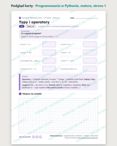 Programowanie w Pythonie — matura z informatyki — 8 kart PDF z kluczem — podgląd karty, strona 1