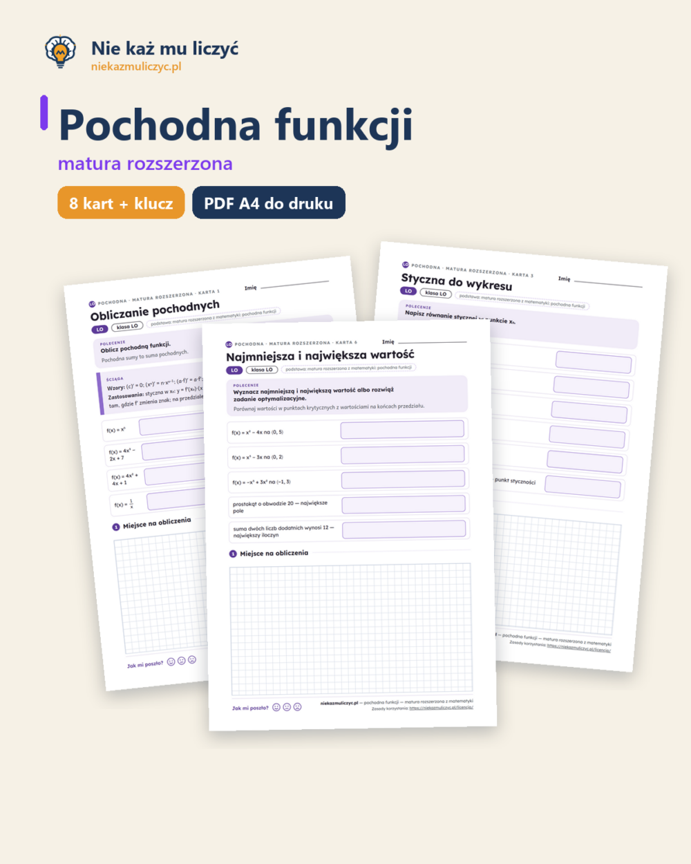 Pochodna funkcji — matura z matematyki — 8 kart PDF z kluczem — okładka