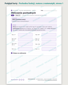 Pochodna funkcji — matura z matematyki — 8 kart PDF z kluczem — podgląd karty, strona 1