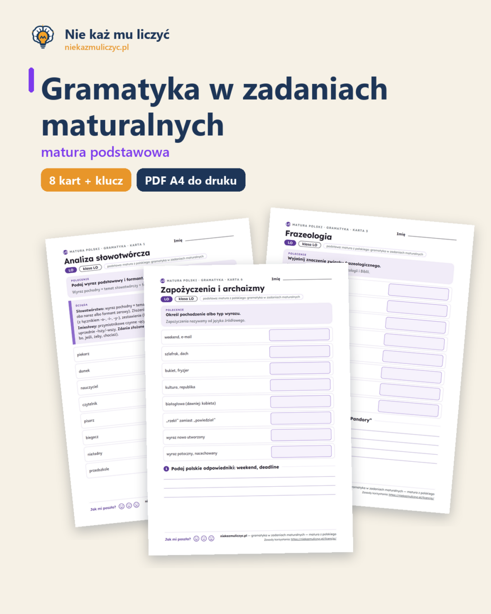 Gramatyka w zadaniach maturalnych, matura z polskiego — 8 kart PDF — okładka