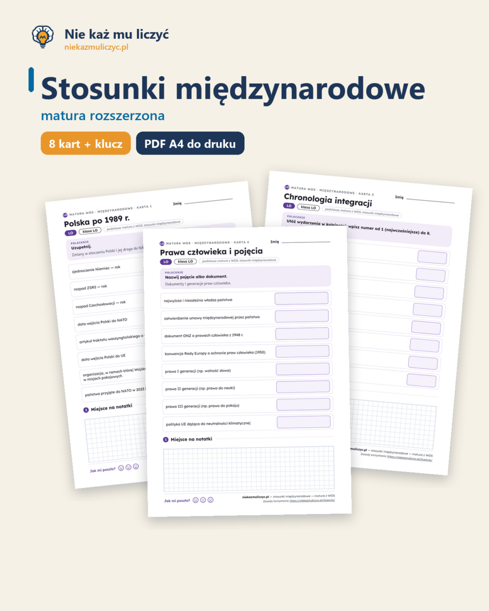 Stosunki międzynarodowe — matura z WOS — 8 kart PDF z kluczem — okładka