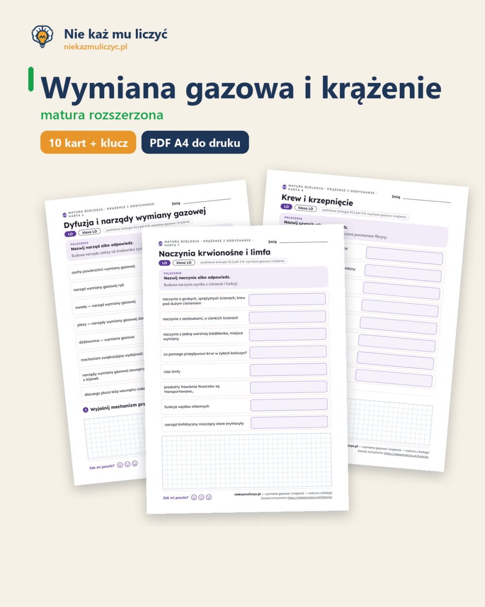 Wymiana gazowa i krążenie — matura z biologii — 10 kart PDF z kluczem — okładka