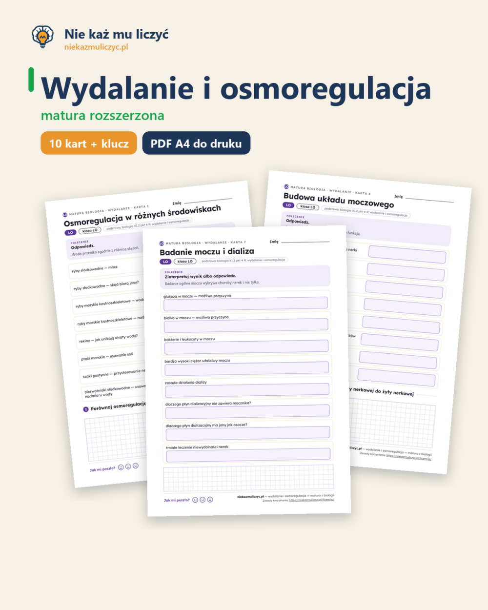 Wydalanie i osmoregulacja — matura z biologii — 10 kart PDF z kluczem — okładka