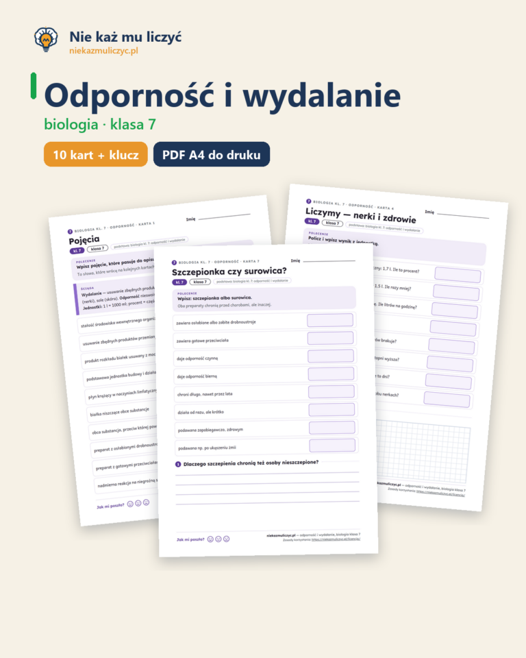 Odporność i wydalanie, biologia klasa 7 — 10 kart pracy PDF z kluczem — okładka