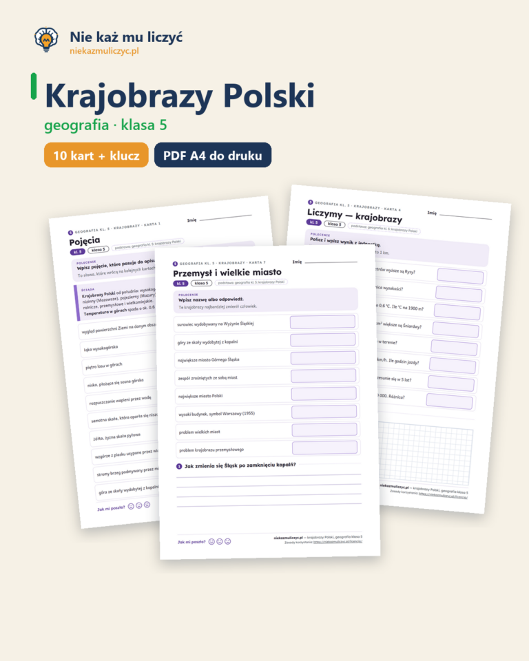Krajobrazy Polski, geografia klasa 5 — 10 kart pracy PDF z kluczem — okładka