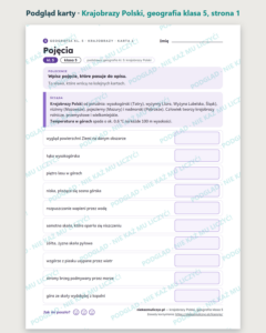 Krajobrazy Polski, geografia klasa 5 — 10 kart pracy PDF z kluczem — podgląd karty, strona 1